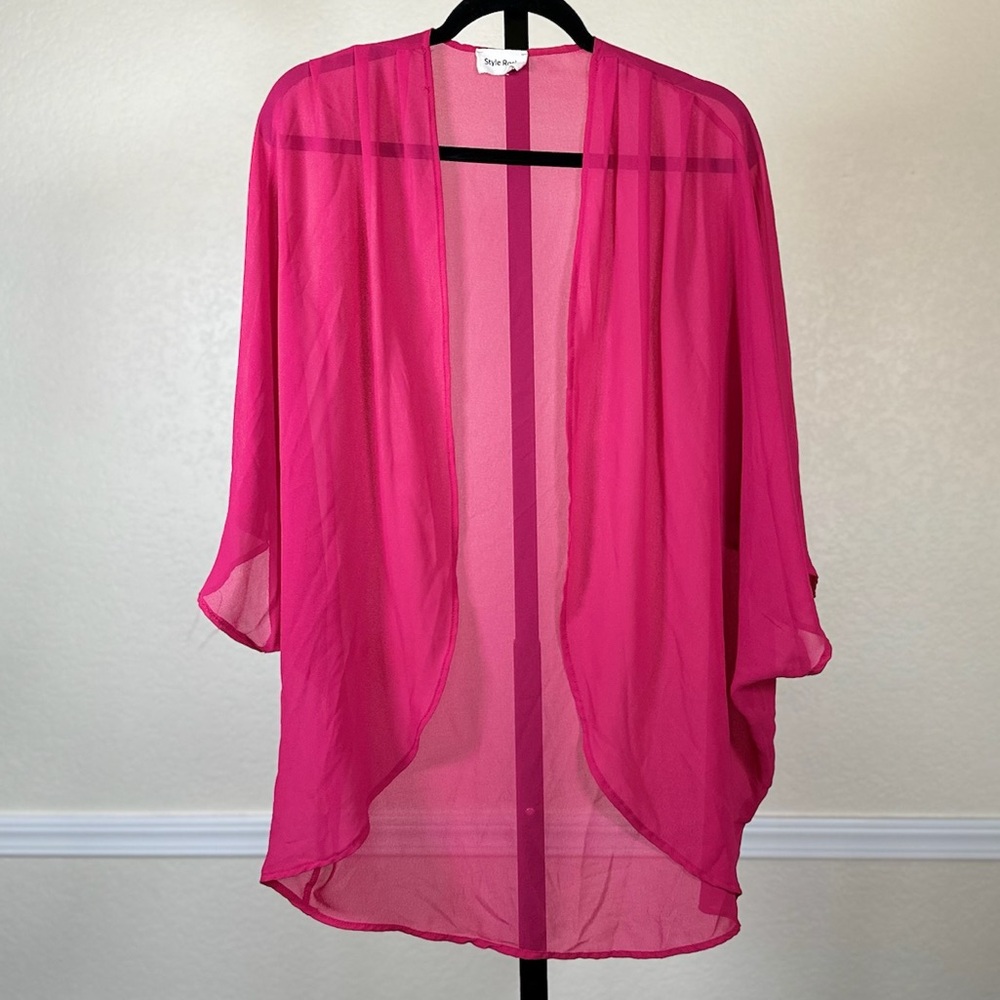 Vibrant Barbie Pink Sheer Cardigan M Edgy Minimalist Festival Drape Open Coverup - Picture 1 of 8
